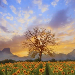Beautiful landscape of dry tree branch and sun flowers field against colorful evening dusky sky use as natural background, backdrop